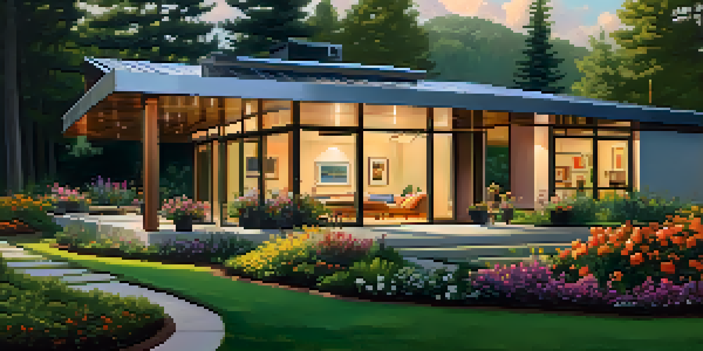 A modern house with a reflective metal roof, surrounded by greenery and flowers, illuminated by warm golden hour light.
