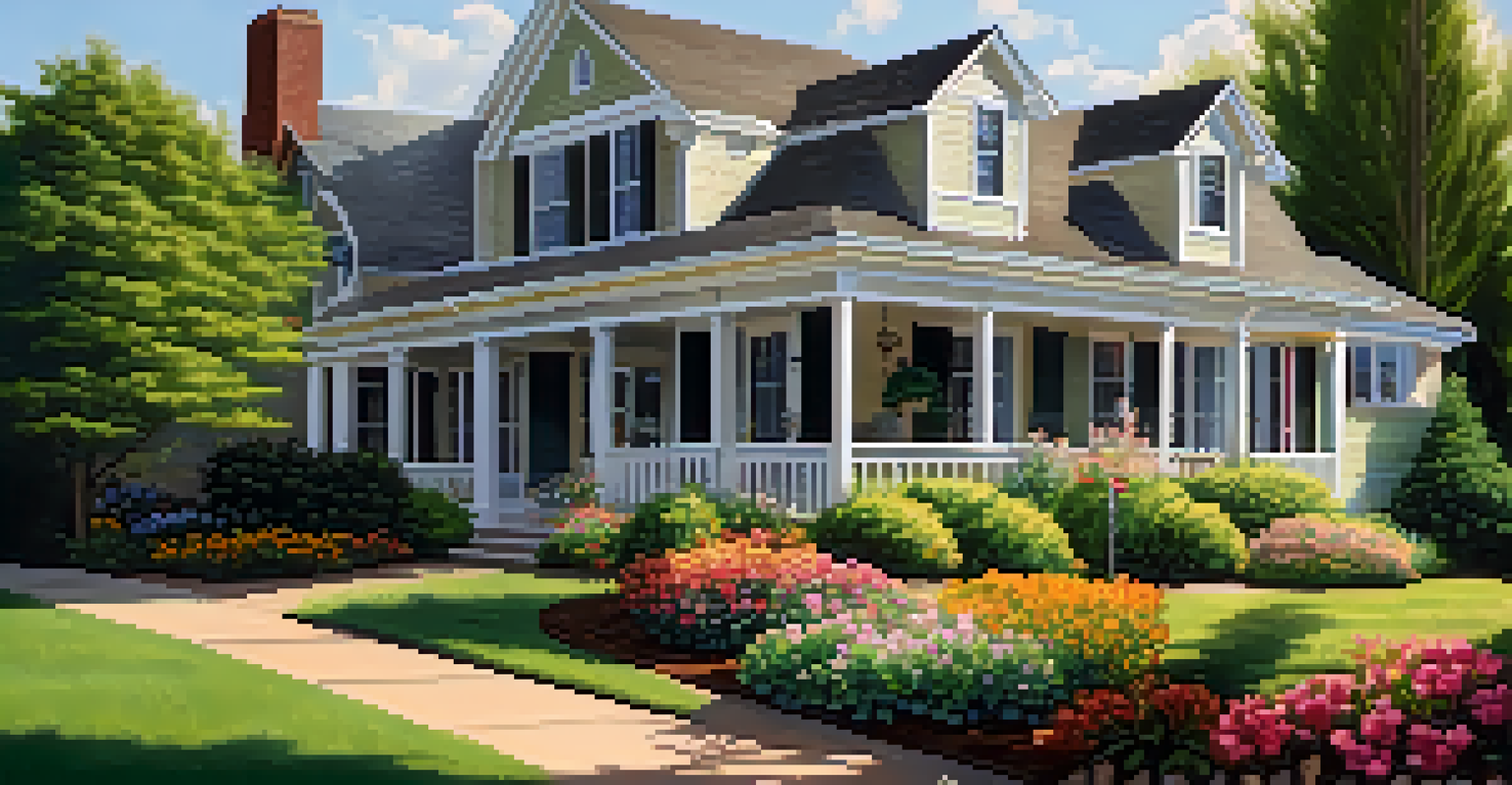 A picturesque suburban home with a garden, featuring a front porch swing and vibrant flowers under bright sunlight.