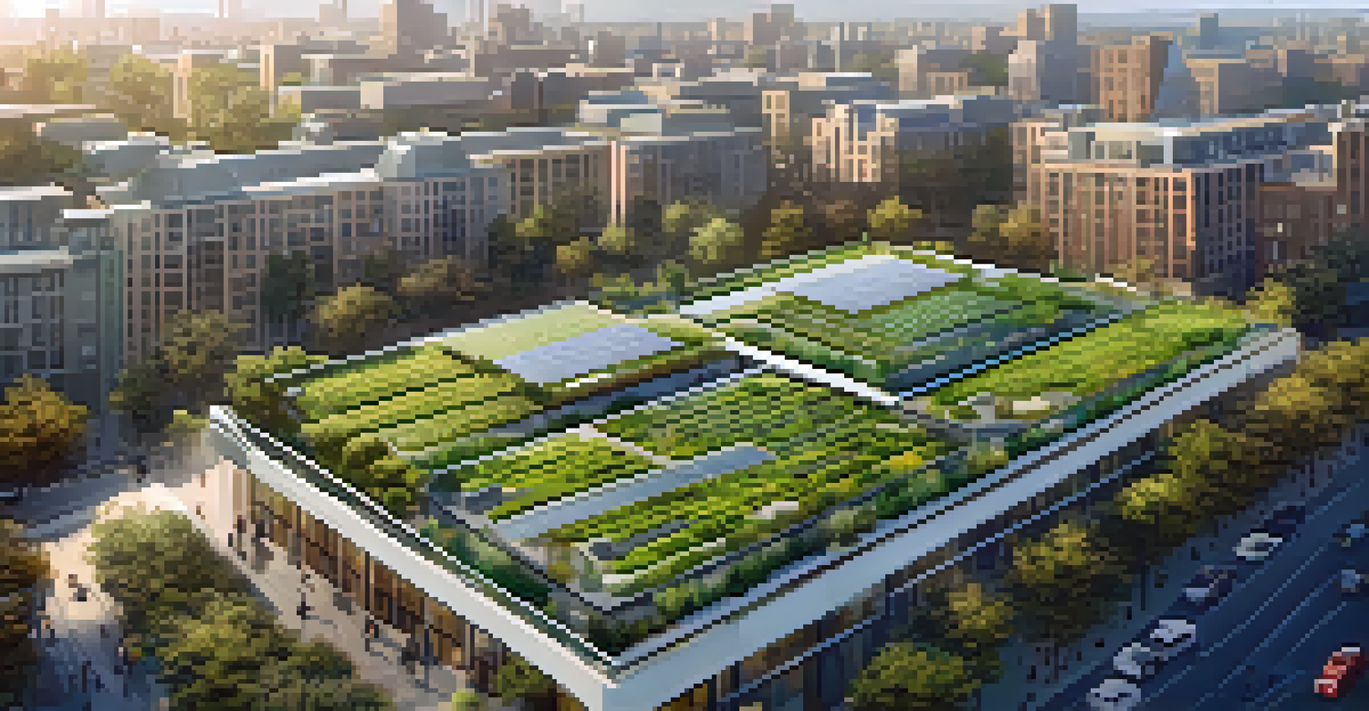 An aerial view of a sustainable urban area with green roofs, solar panels, parks, and bicycles on sunny streets.