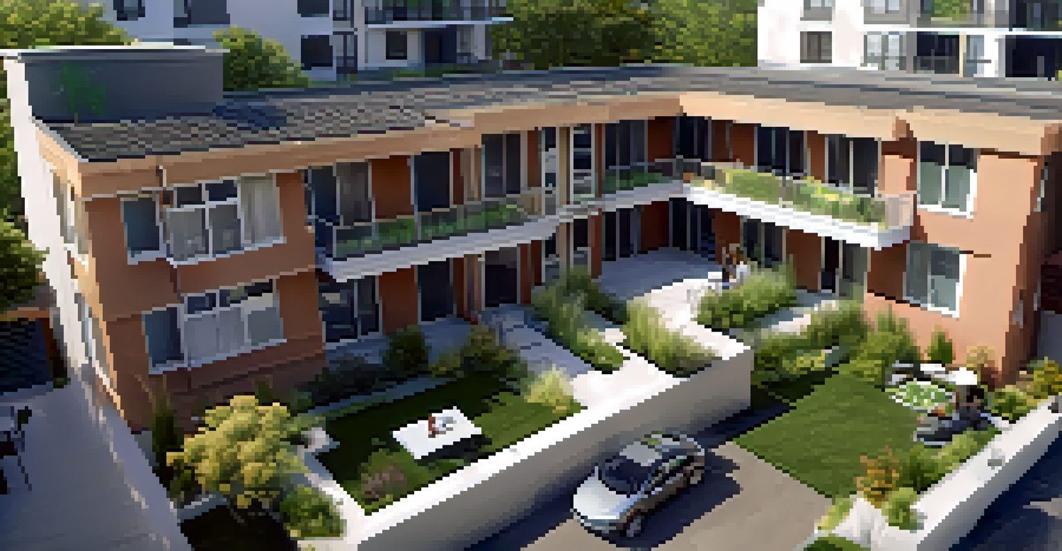 An overhead view of a well-maintained apartment building with tenants enjoying the outdoor space and green landscaping.