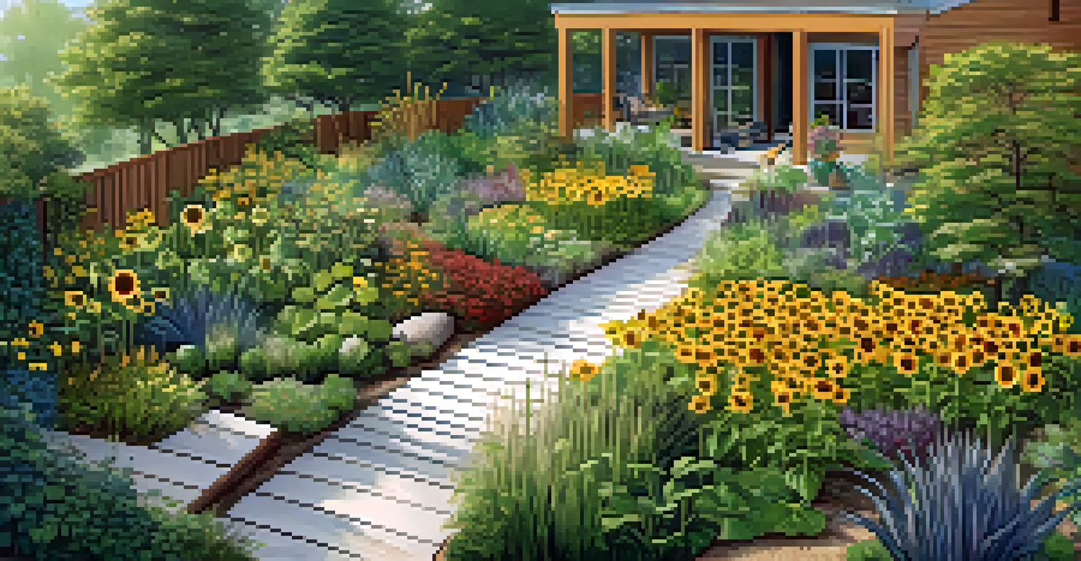 An aerial view of a layered biodiverse garden with different plant species, pathways, and wildlife features.