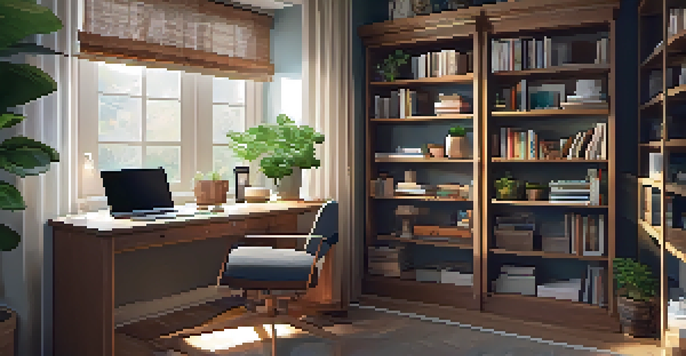 A small home office nook inside a closet with a desk, laptop, and decorative shelves, illuminated by natural light.