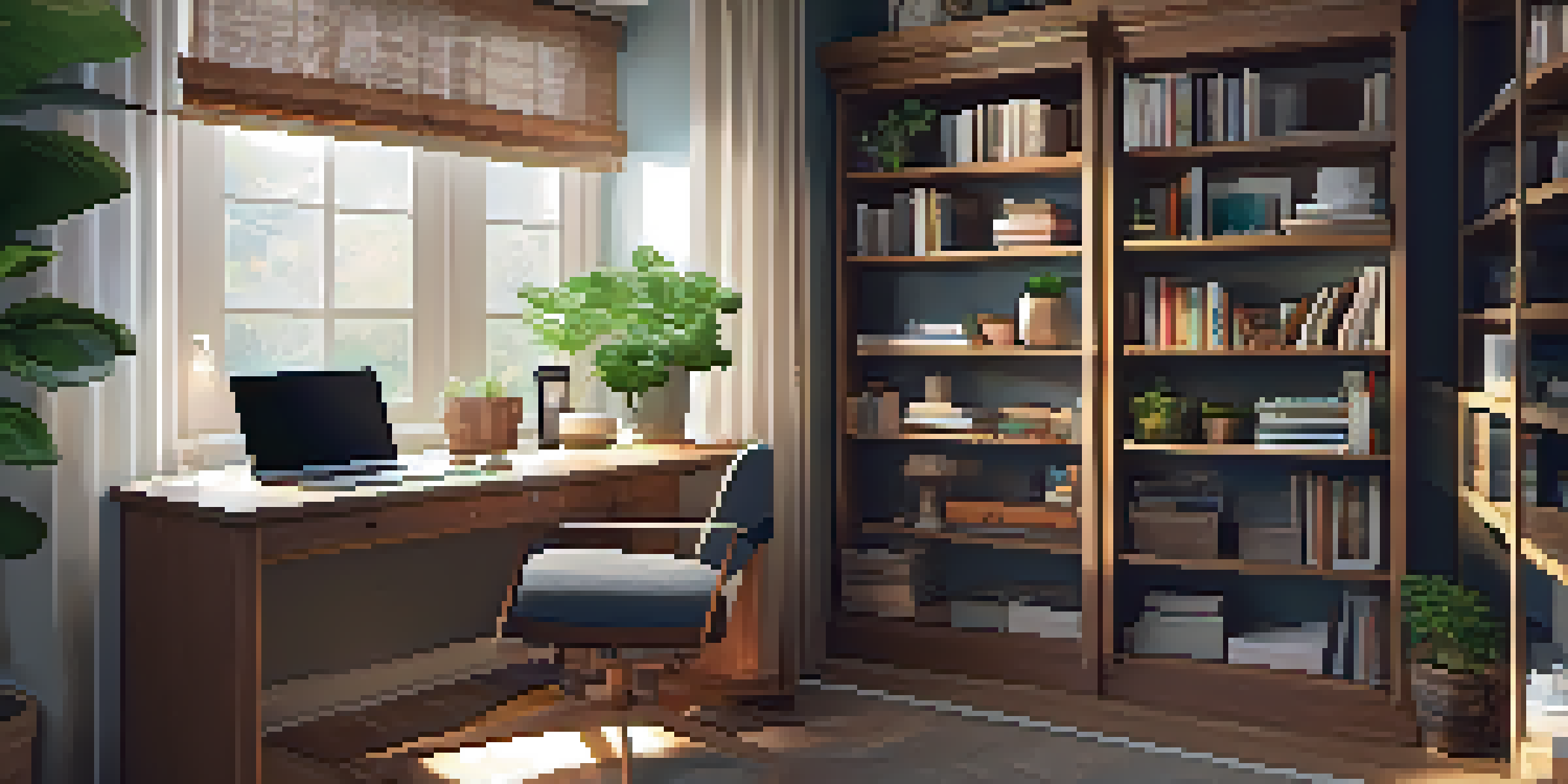 A small home office nook inside a closet with a desk, laptop, and decorative shelves, illuminated by natural light.