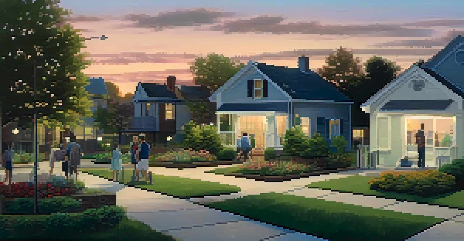 A neighborhood scene with motion-sensor lights and residents chatting, creating a safe community environment at twilight.