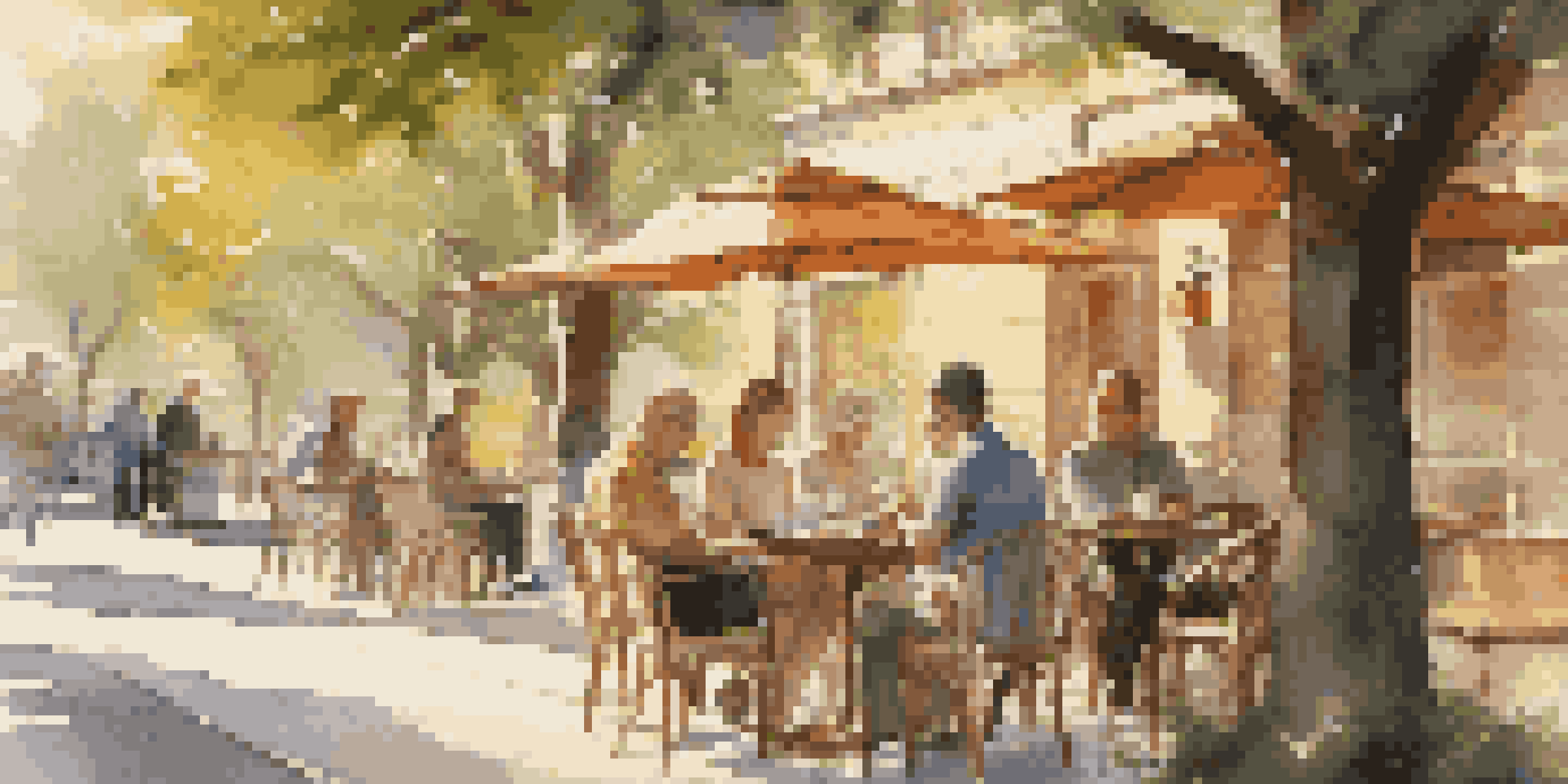 A peaceful outdoor café scene with coffee, a notebook, and patrons enjoying the ambiance during sunset.