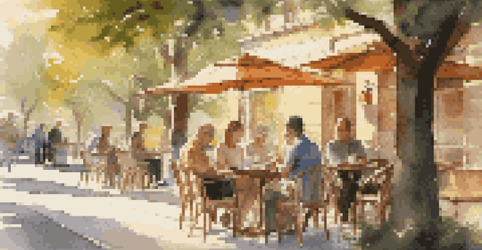 A peaceful outdoor café scene with coffee, a notebook, and patrons enjoying the ambiance during sunset.