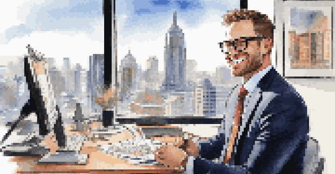 A real estate agent interacting with clients via video call in a bright office, with a city skyline in the background.