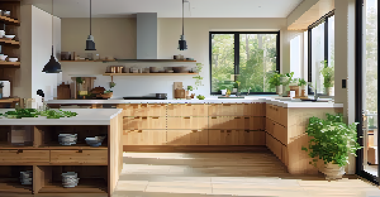 A bright modern kitchen featuring low-VOC painted walls, bamboo cabinetry, and cork flooring, with sunlight streaming through windows and herbs on the windowsill.