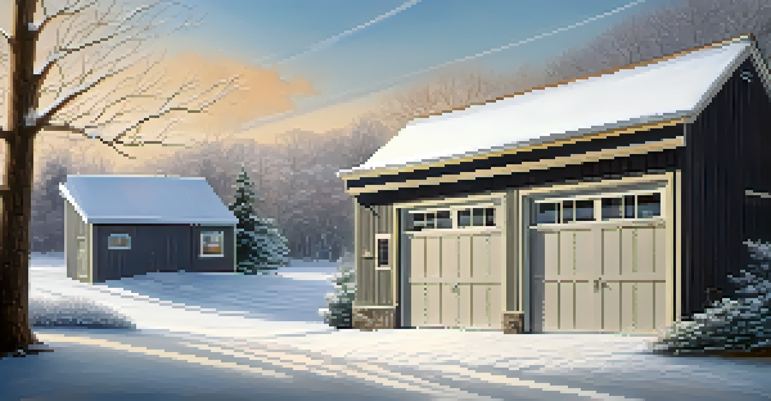 A winter scene of a snow-covered garage with icicles and a clear path, featuring ice melt supplies nearby.