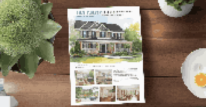 A colorful real estate flyer displaying a beautiful home with a spacious living room and garden on a wooden table, with natural light illuminating the scene.