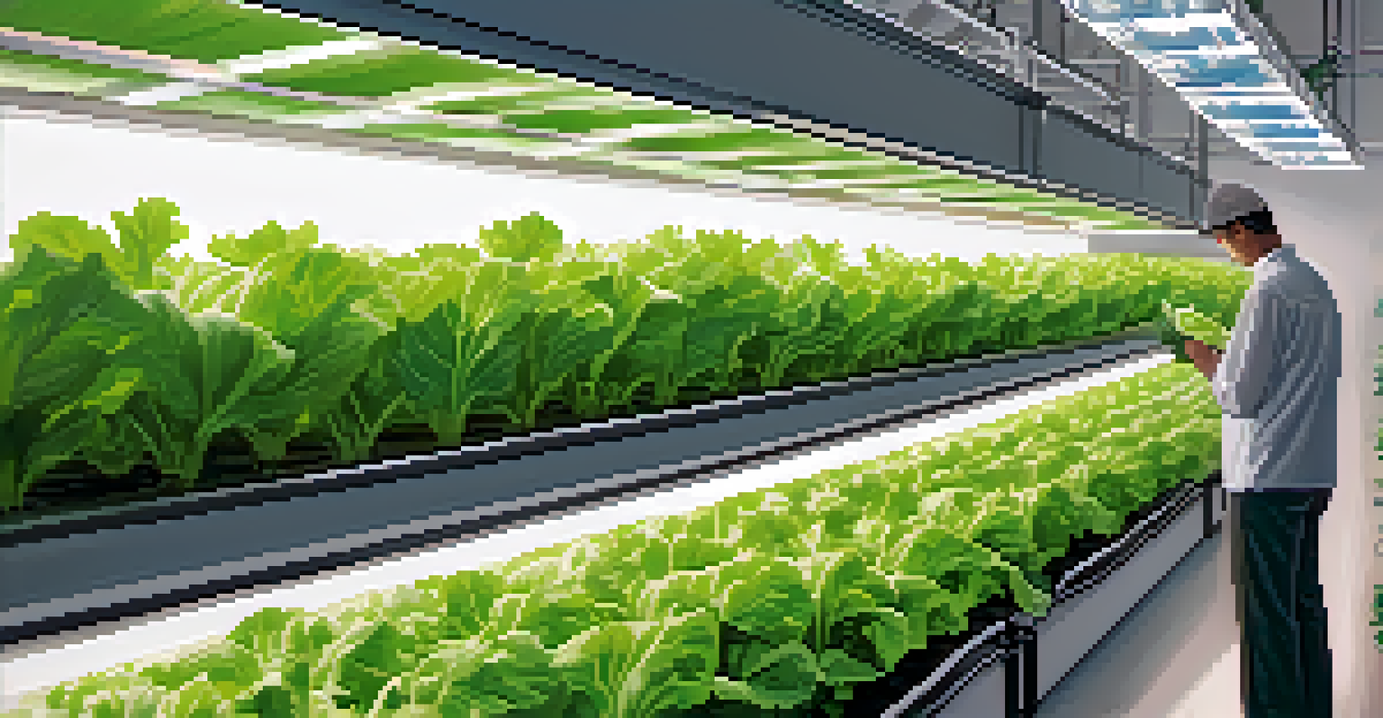An indoor hydroponic farm with green vegetables under soft lighting and a farmer checking the plants.