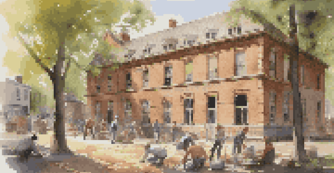 A diverse group of people working together to restore a historic building in a community workshop, with tools and warm sunlight filtering through trees.