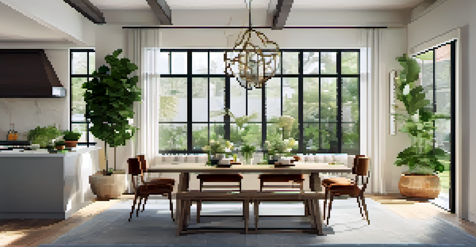 An airy open floor plan with sunlight, a modern chandelier above a dining table, surrounded by greenery and decorated with artwork.