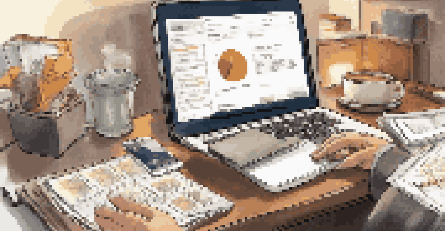 Close-up of a real estate agent's hands on a laptop with brochures and a smartphone on a desk, surrounded by a cozy atmosphere.