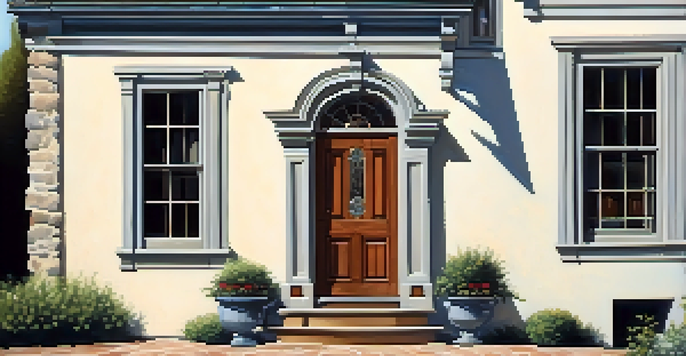 A close-up view of a restored historic home with original wooden window frames and a vintage front door.