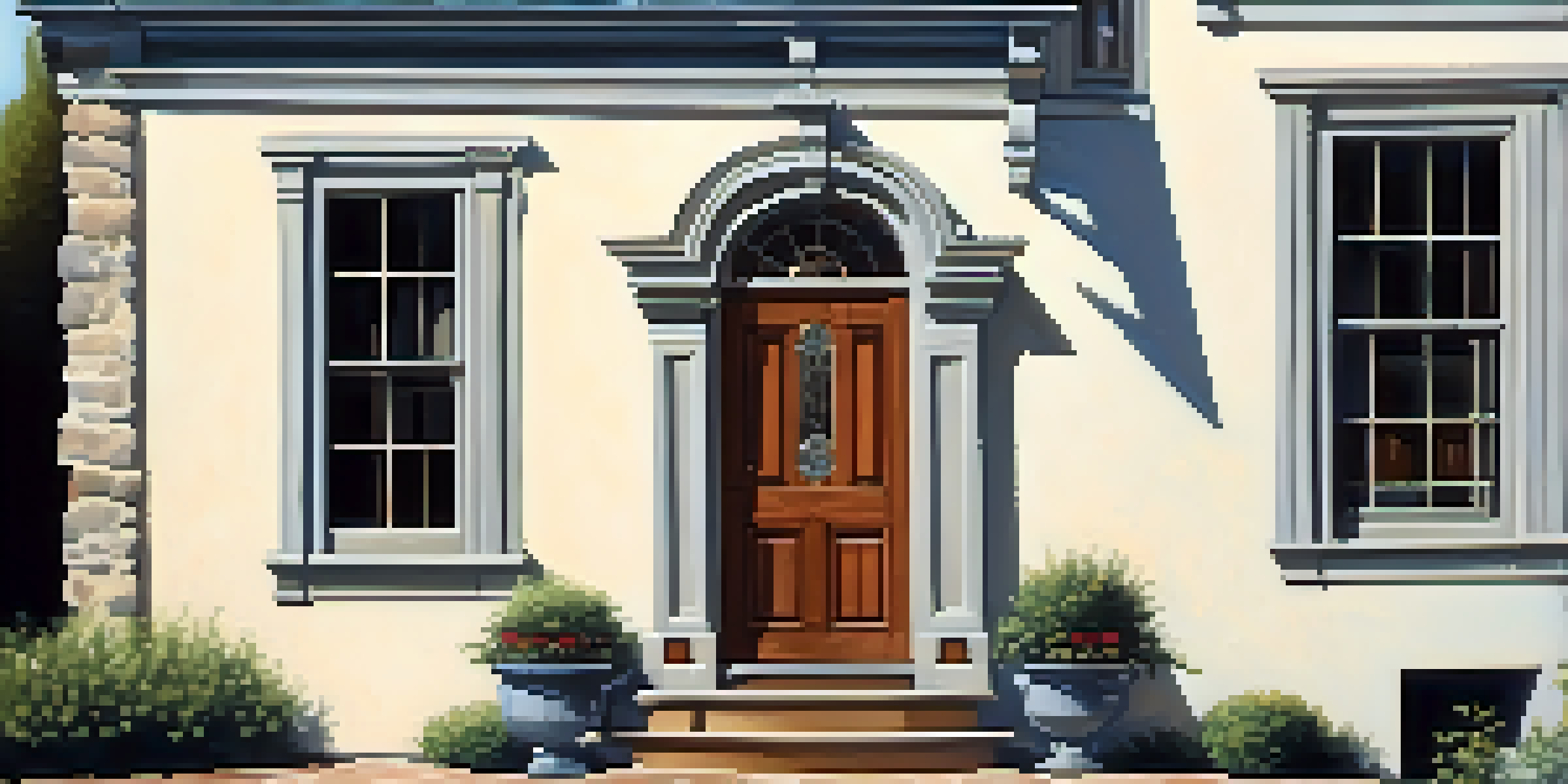 A close-up view of a restored historic home with original wooden window frames and a vintage front door.
