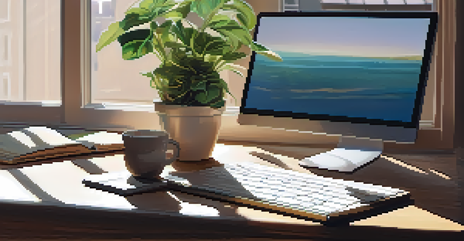 A wooden desk with a laptop, financial documents, and a potted plant, illuminated by soft natural light.
