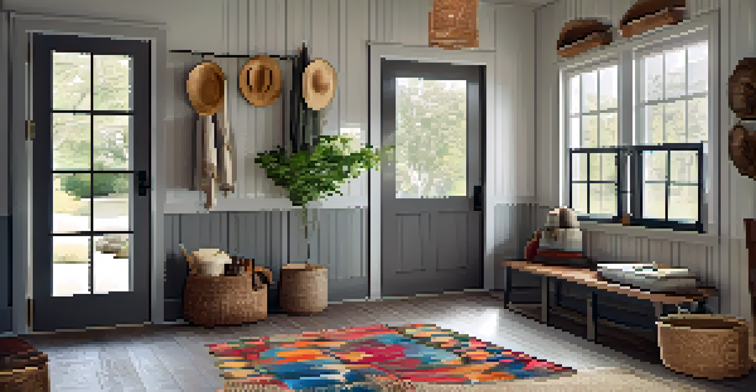A warm entryway with rustic decor, a wooden bench, and natural light from a large window.