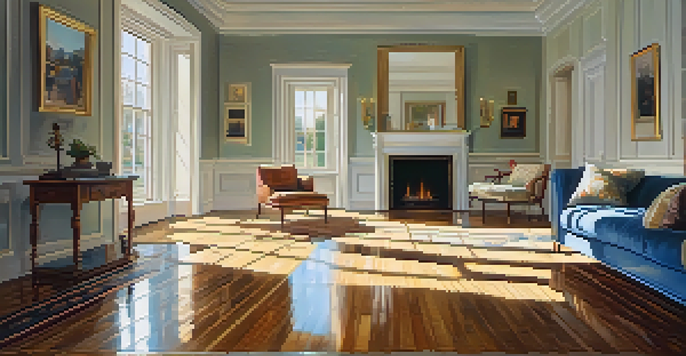 A spacious living room with shiny hardwood floors illuminated by sunlight, with no furniture in sight.