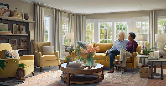 A multi-generational family gathered in a cozy living room, sharing stories and enjoyment under warm sunlight.