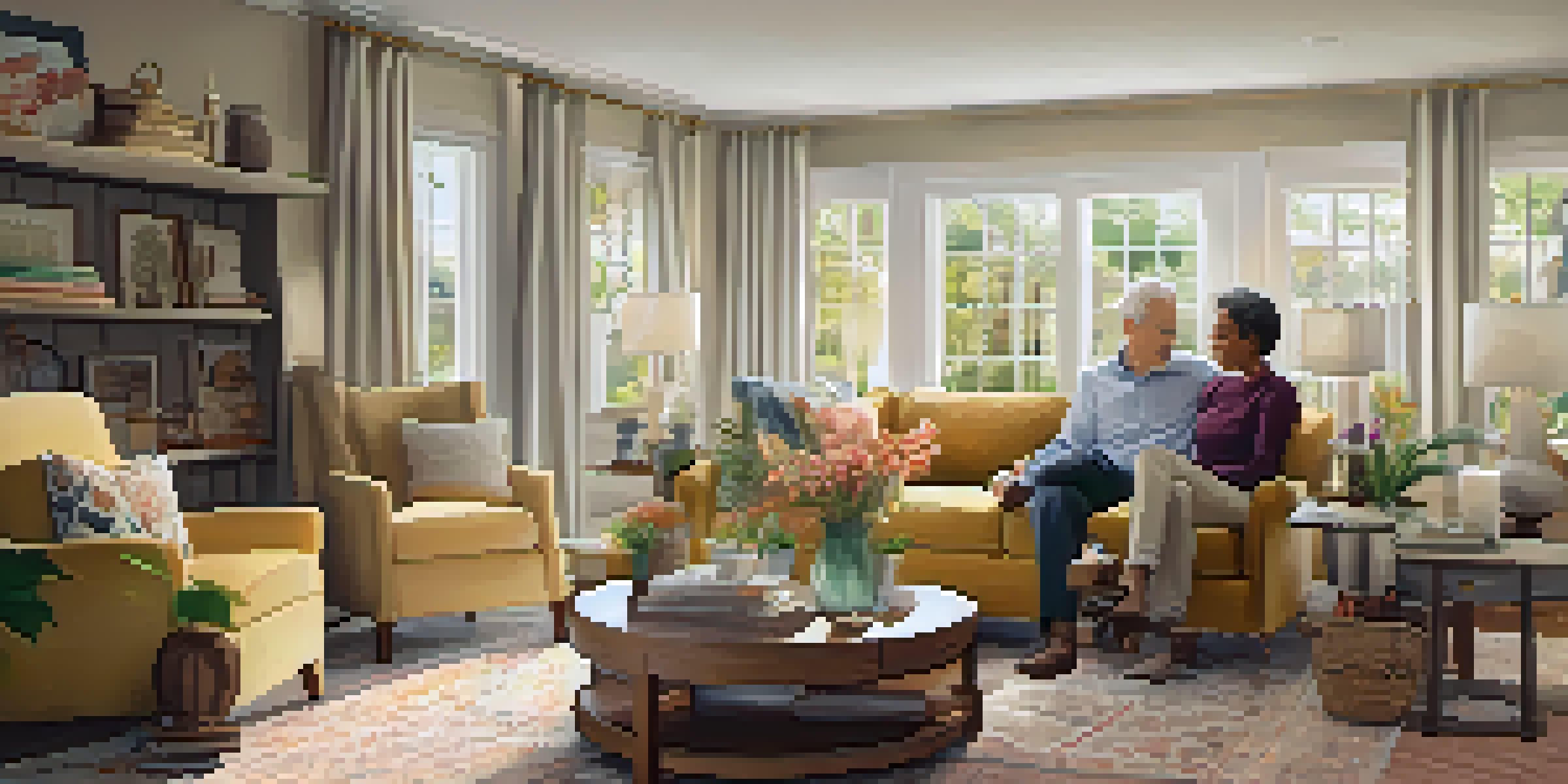 A multi-generational family gathered in a cozy living room, sharing stories and enjoyment under warm sunlight.