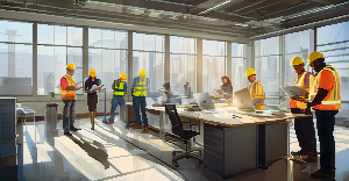 A diverse construction team performing an energy audit in a modern office building, with laptops and clipboards, inspecting lighting and HVAC systems.