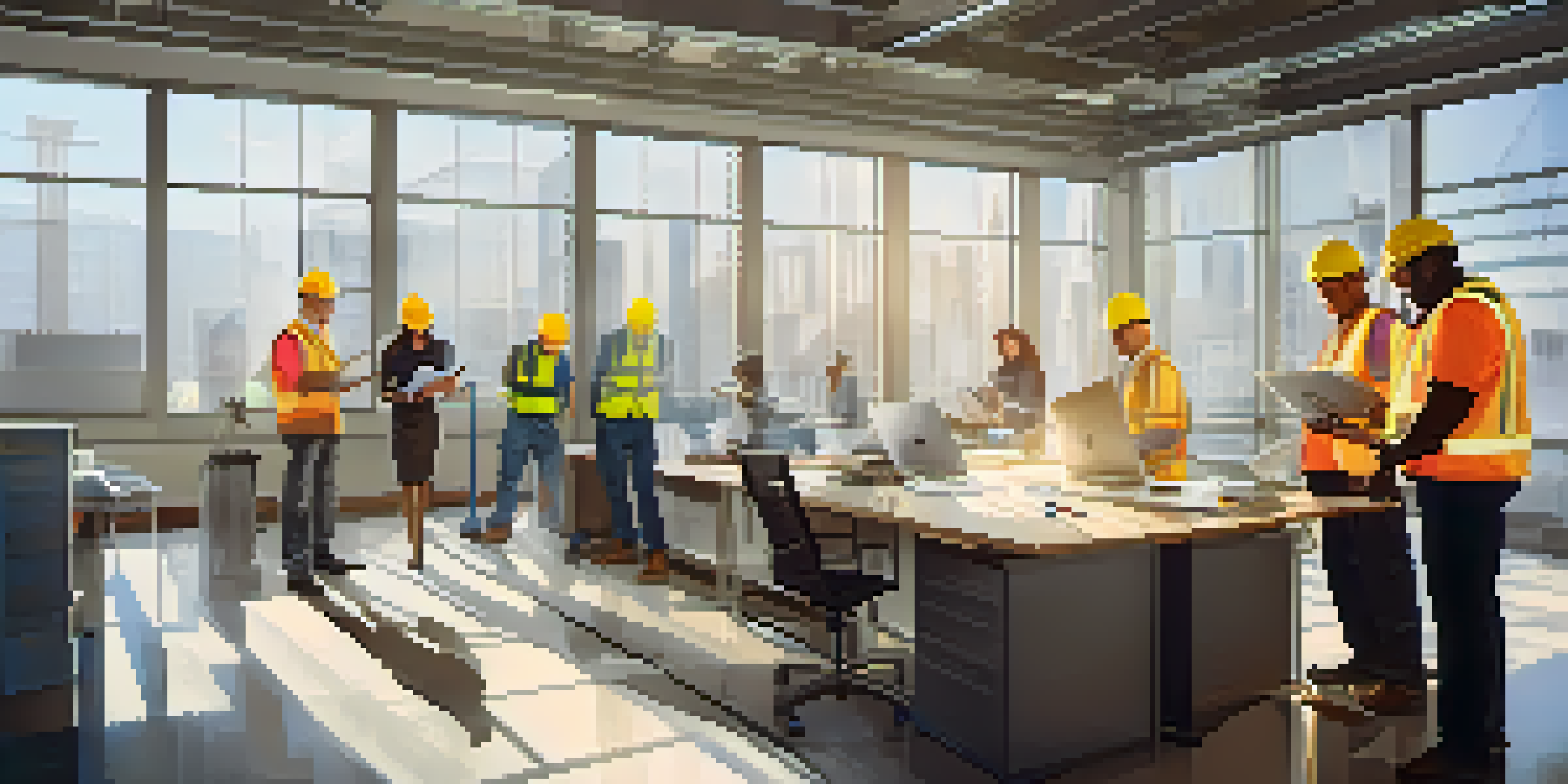 A diverse construction team performing an energy audit in a modern office building, with laptops and clipboards, inspecting lighting and HVAC systems.