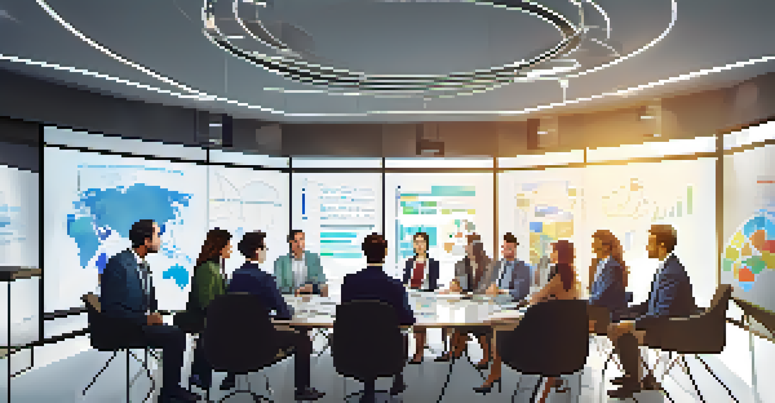 A diverse group of property managers in a meeting discussing software options with a projector screen.