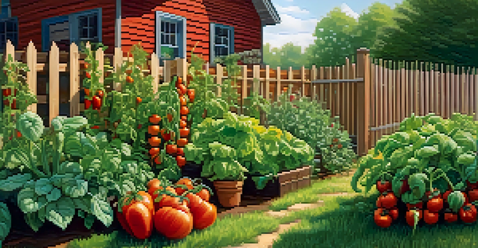 A colorful vegetable garden filled with tomatoes, peppers, and basil under bright sunlight, with a wooden fence and a birdhouse in the background.