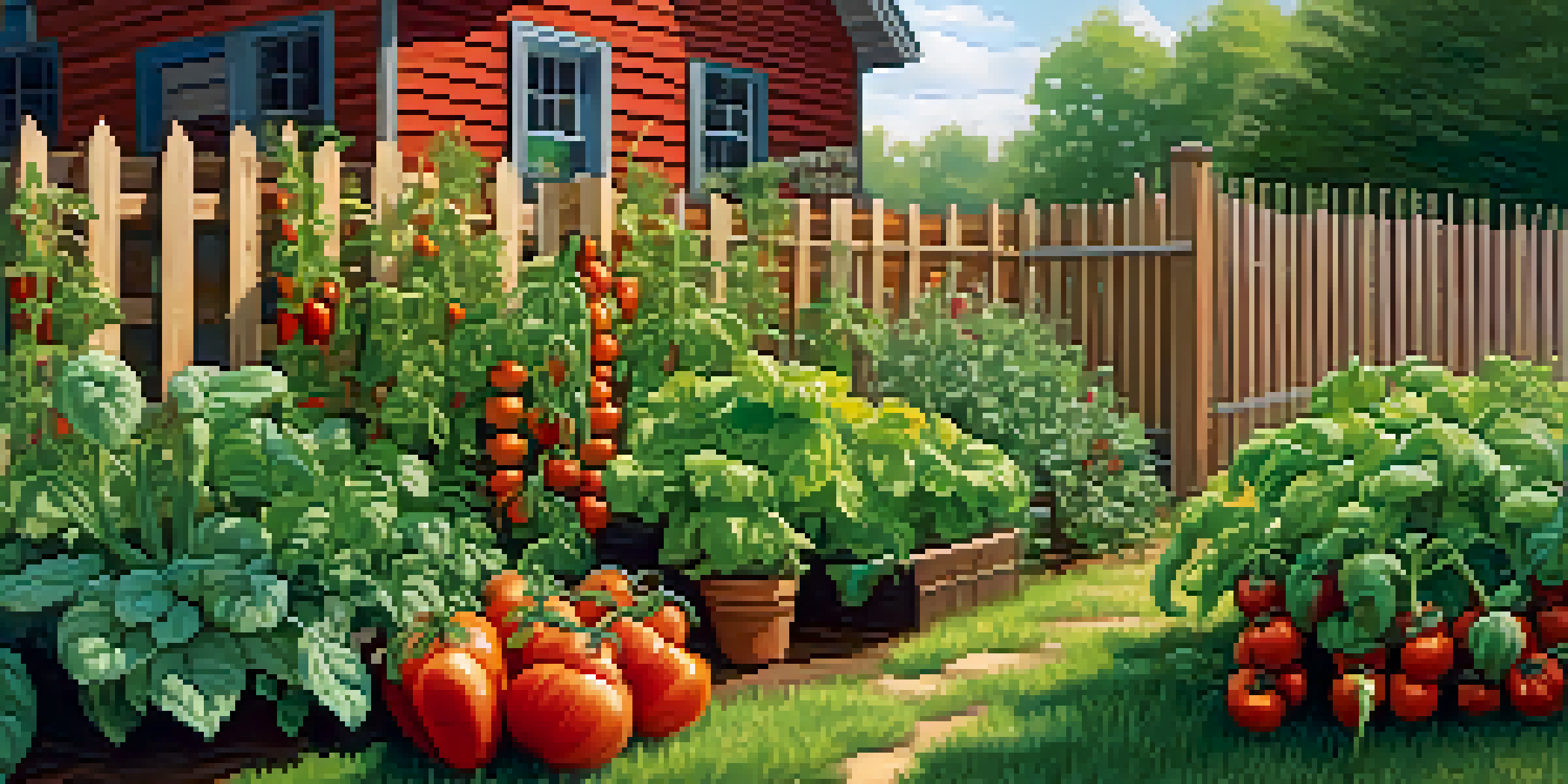 A colorful vegetable garden filled with tomatoes, peppers, and basil under bright sunlight, with a wooden fence and a birdhouse in the background.