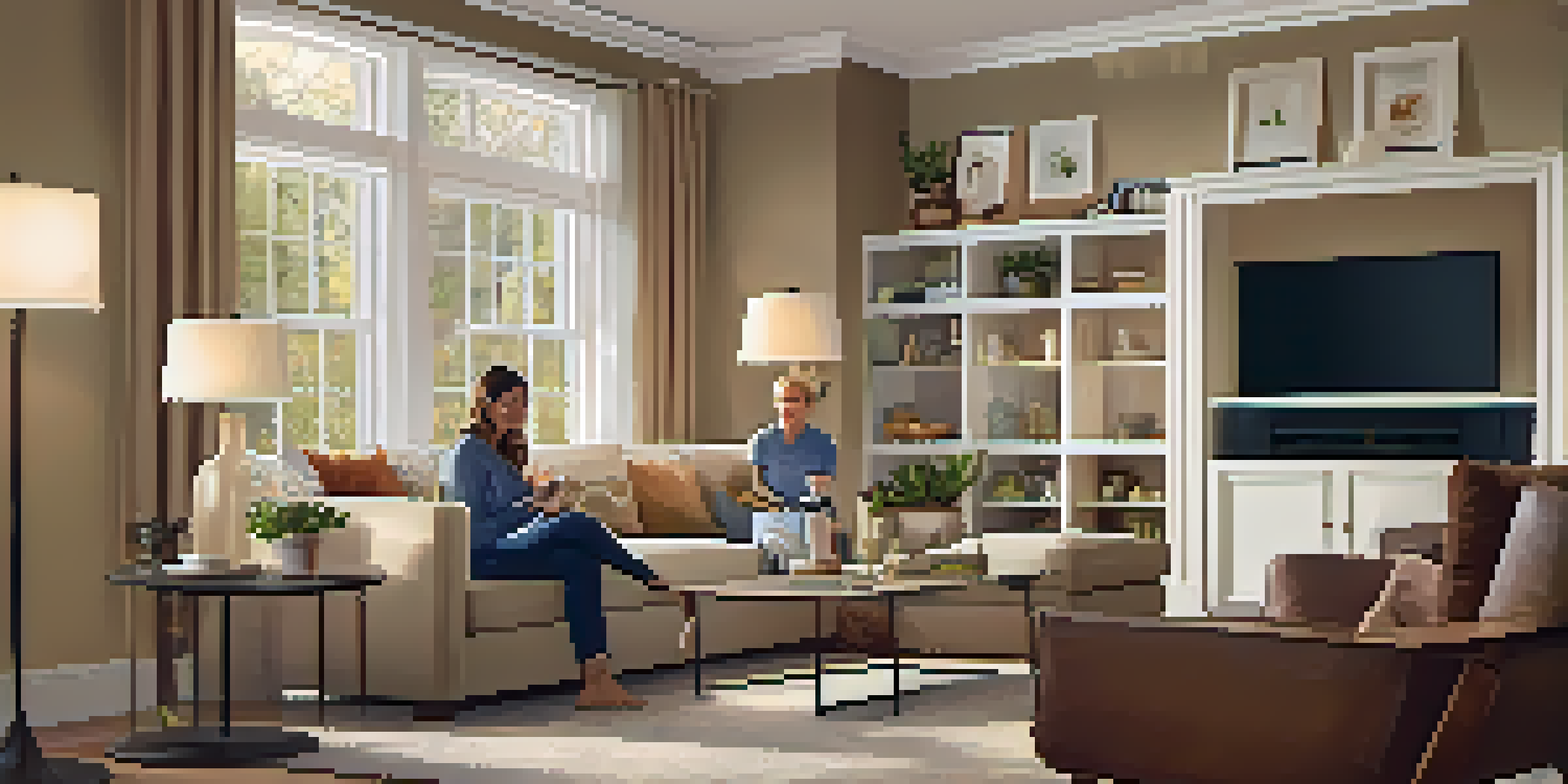 A living room with a family discussing energy efficiency, featuring a smart thermostat and natural light from a window.