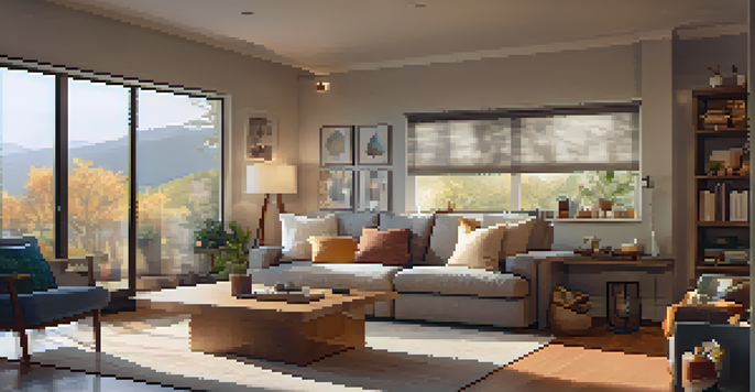 A cozy living room featuring smart home devices like a thermostat and LED bulbs, with a person interacting with a voice assistant on a coffee table.