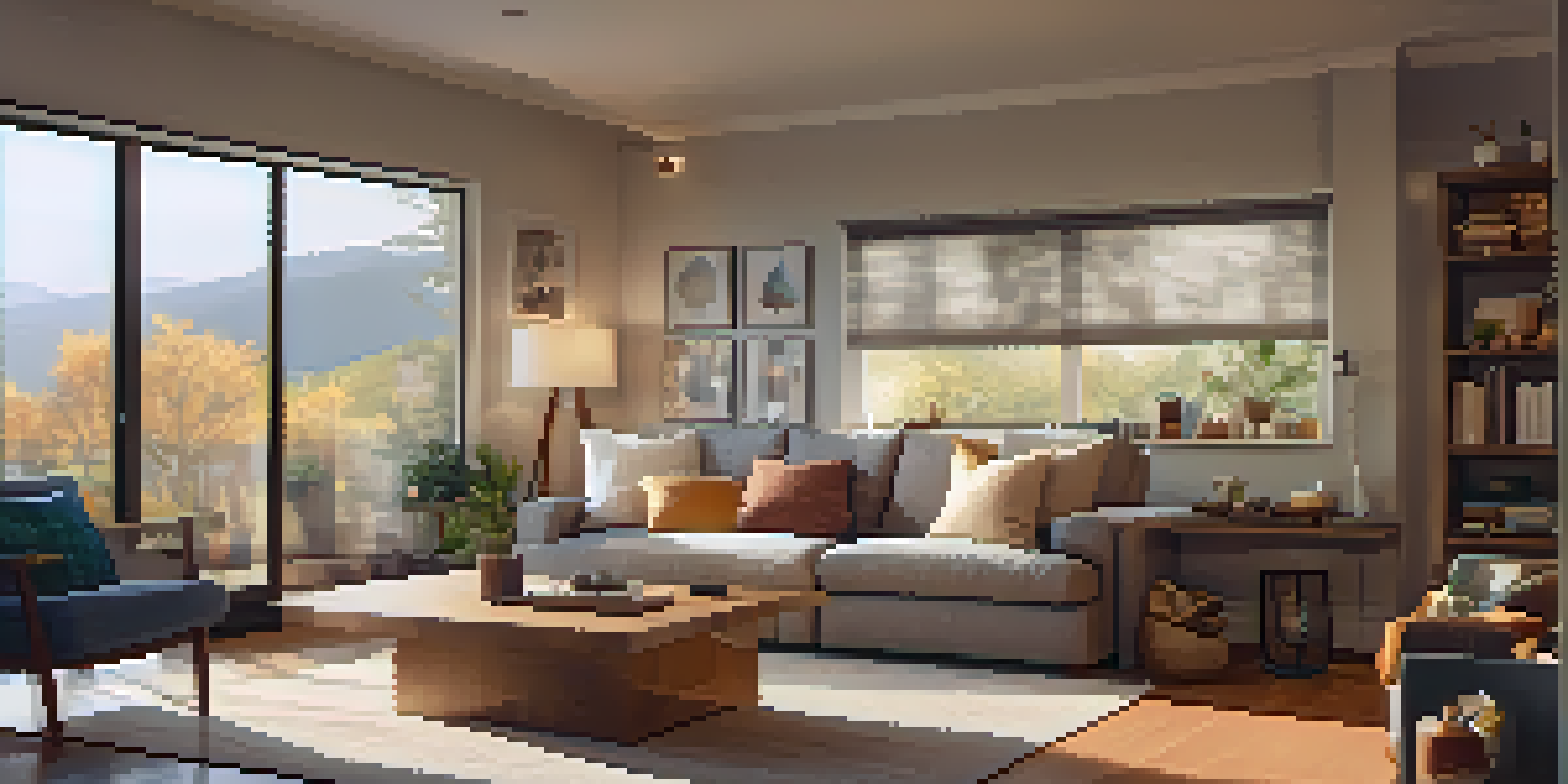 A cozy living room featuring smart home devices like a thermostat and LED bulbs, with a person interacting with a voice assistant on a coffee table.
