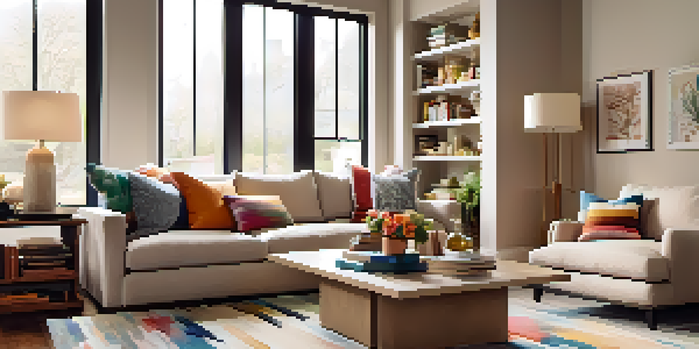 A warm and inviting living room with neutral colors, soft sofa, and natural light coming through the windows.