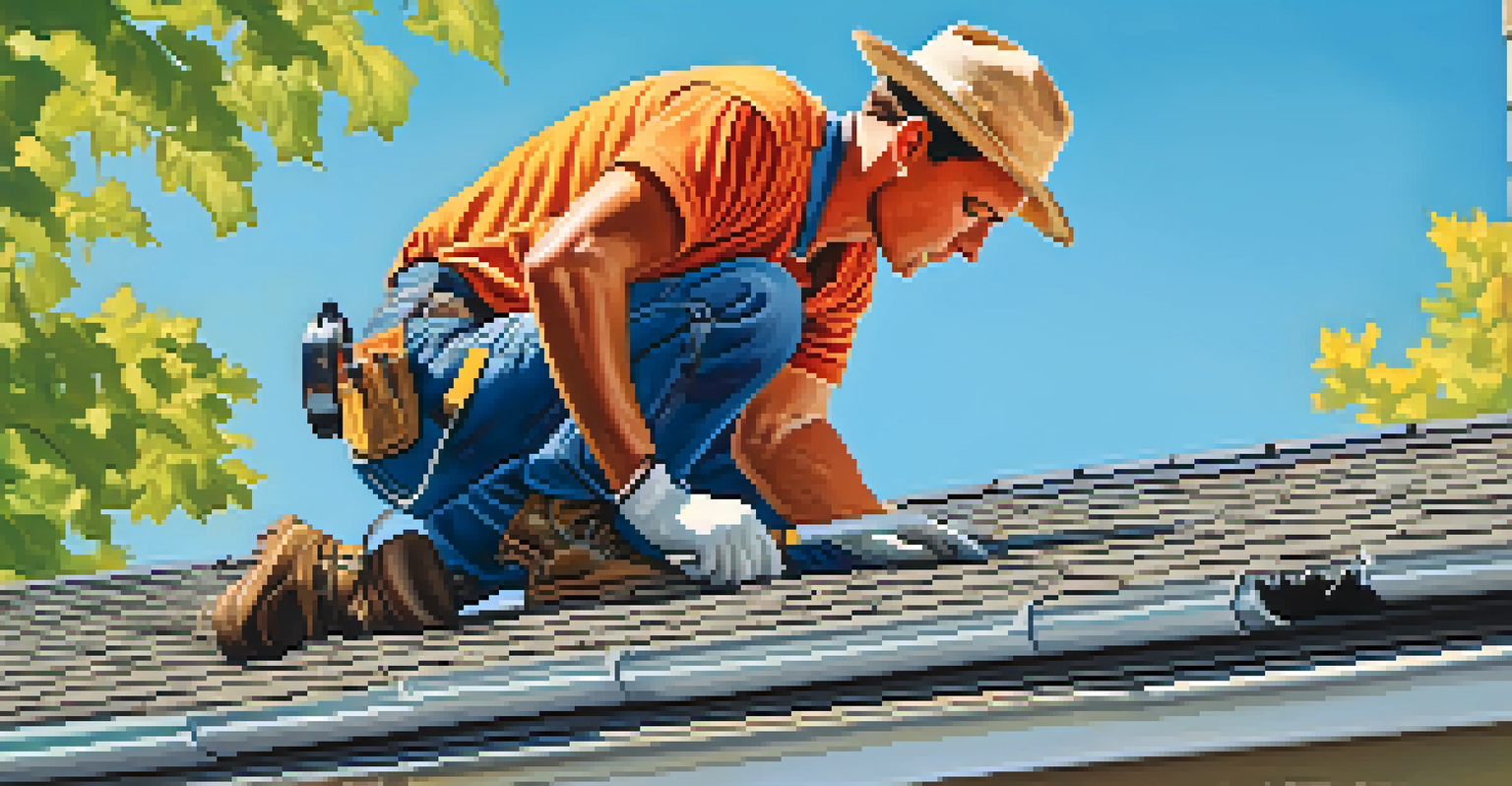 A person cleaning gutters on a sunny day while on a ladder, with a lush green garden in the background.