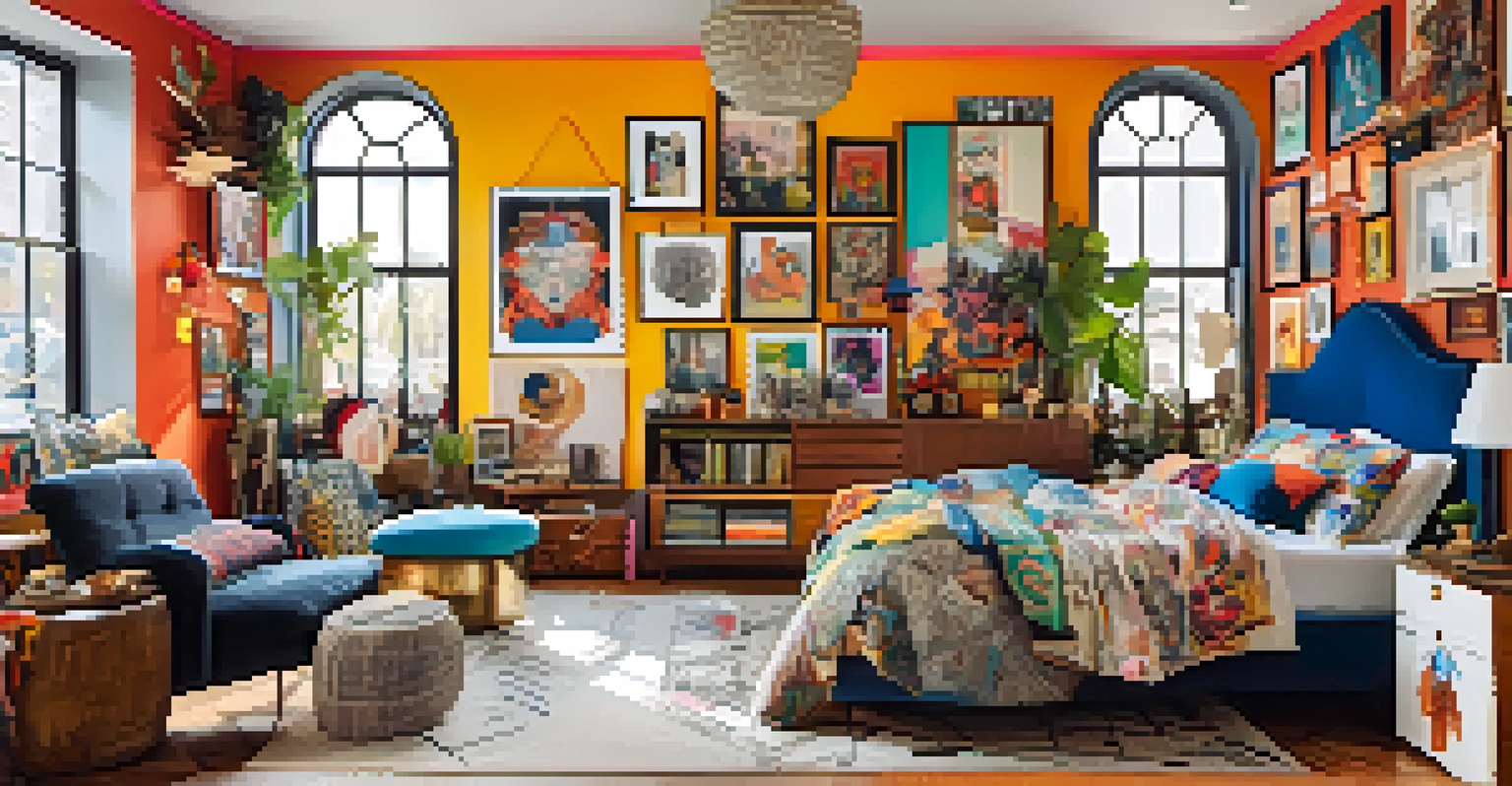 A lively maximalist bedroom showcasing vibrant colors and a variety of textures and decor.