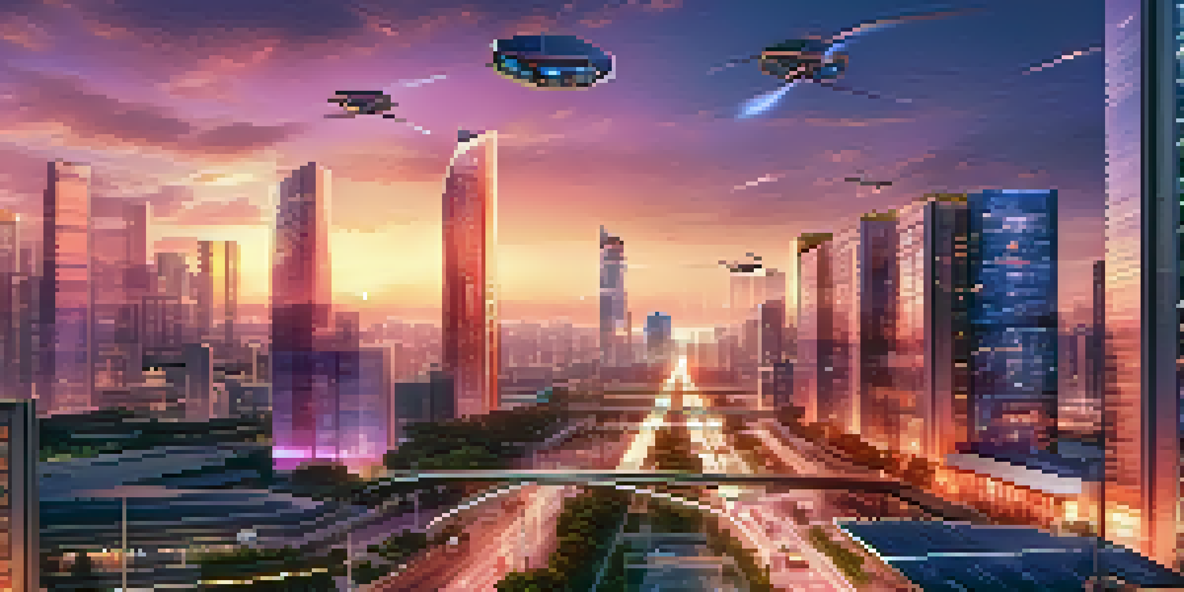 A vibrant smart city skyline with energy-efficient buildings and electric vehicles under a sunset sky.