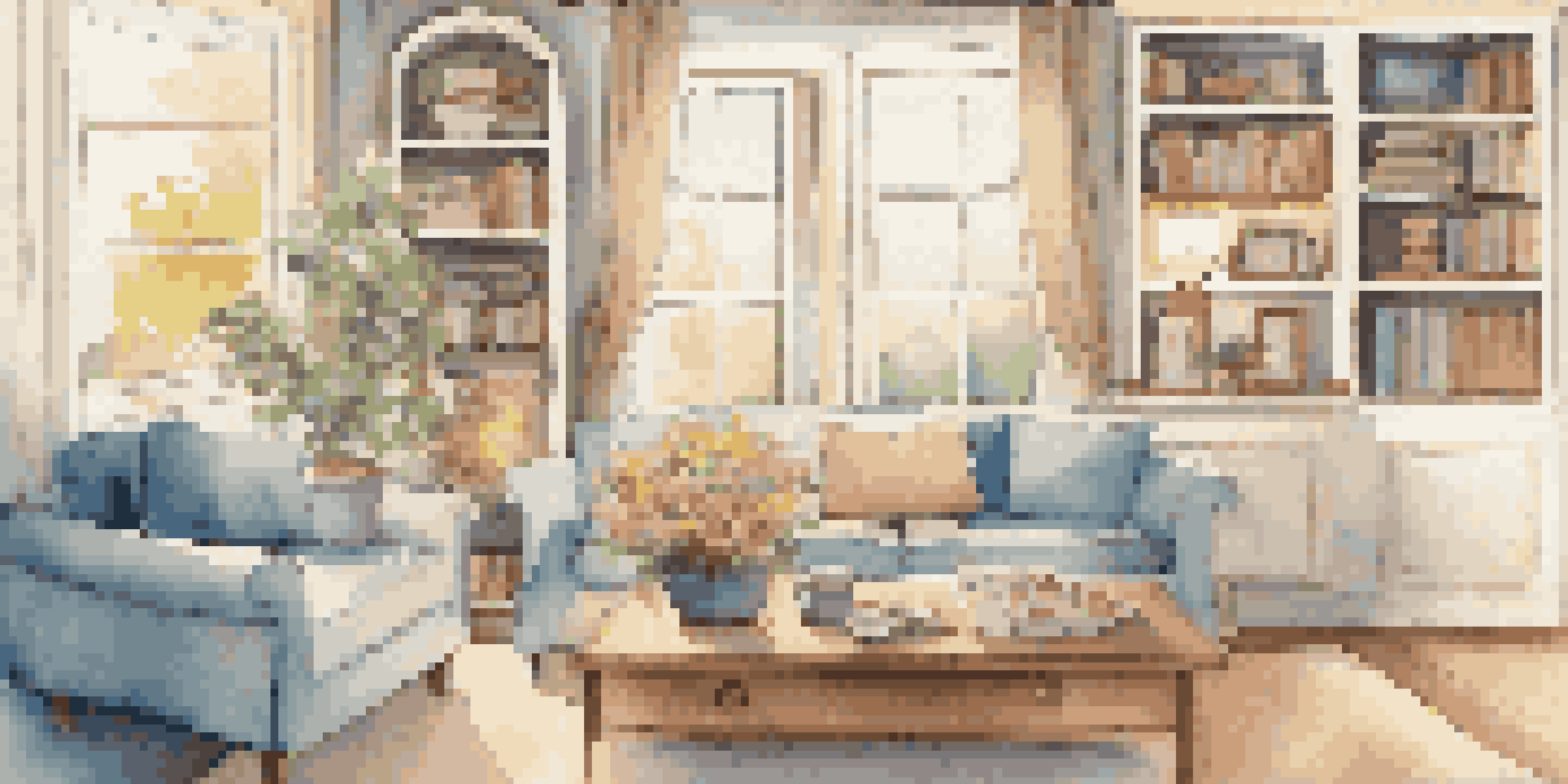 A cozy living room with warm lighting, a comfortable sofa, and a neatly organized bookshelf, showcasing a welcoming atmosphere.