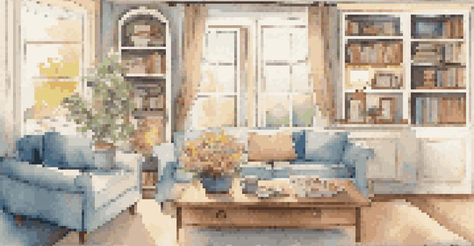 A cozy living room with warm lighting, a comfortable sofa, and a neatly organized bookshelf, showcasing a welcoming atmosphere.