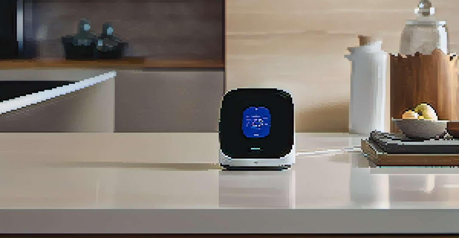 A smart home device on a kitchen counter, surrounded by accessible design features like adjustable countertops.