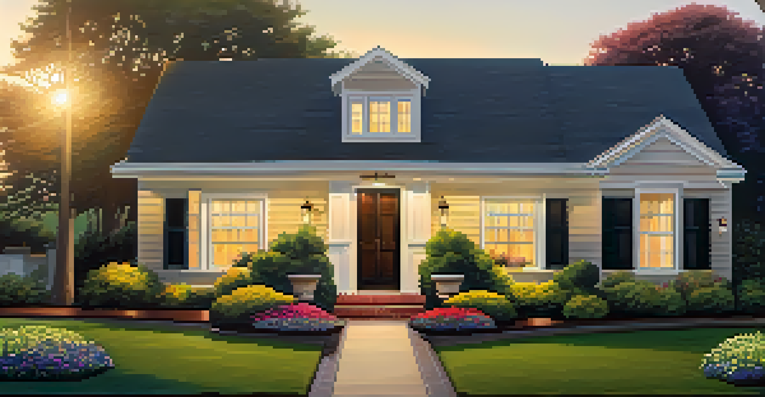 A charming house with colorful flowers and a bright front door, illuminated by the warm glow of a setting sun.