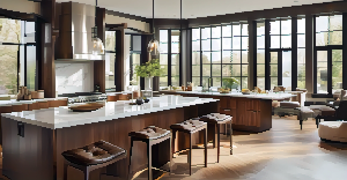 A spacious modern kitchen with high-end appliances and elegant design, illuminated by natural light.