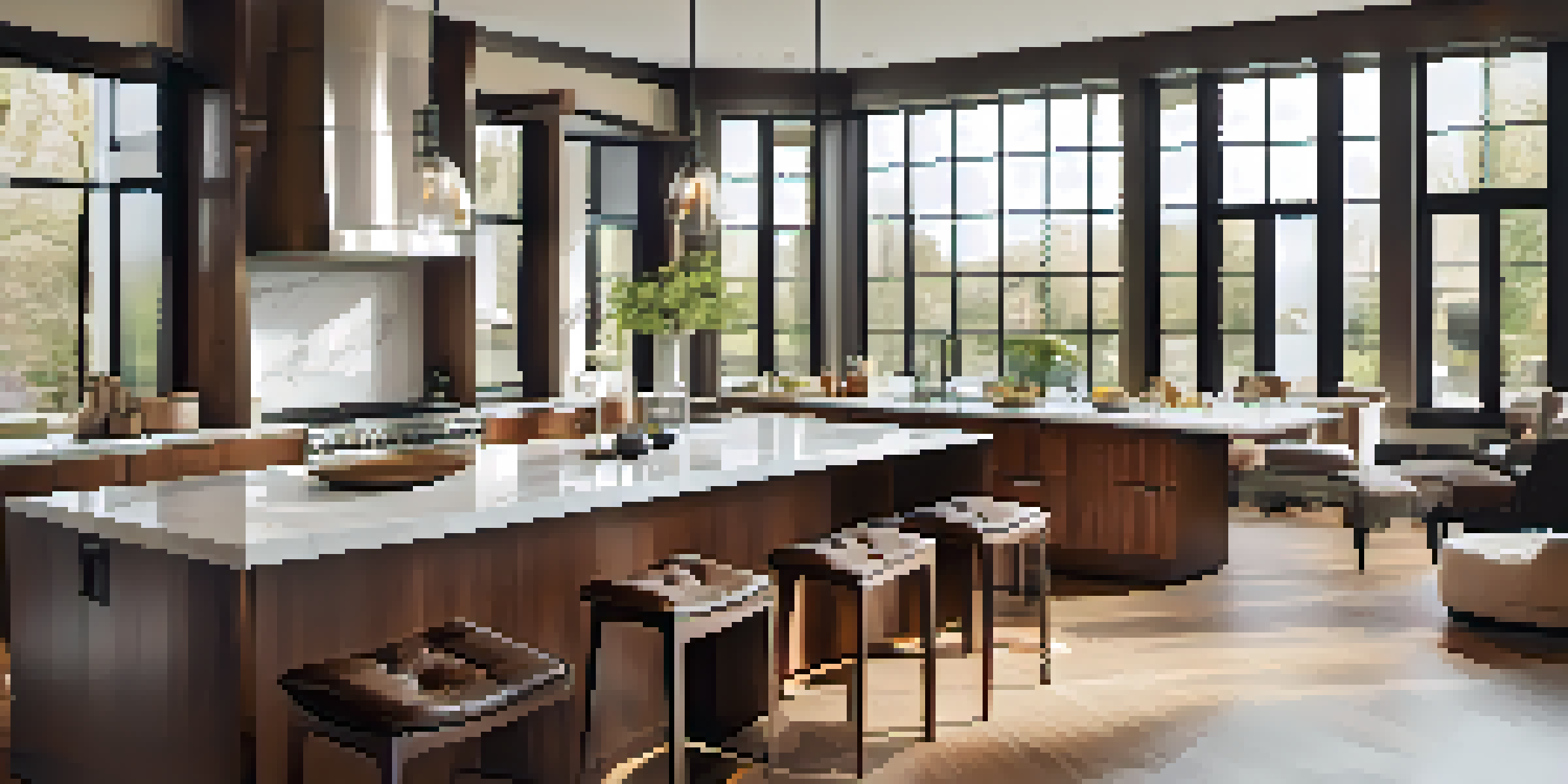 A spacious modern kitchen with high-end appliances and elegant design, illuminated by natural light.