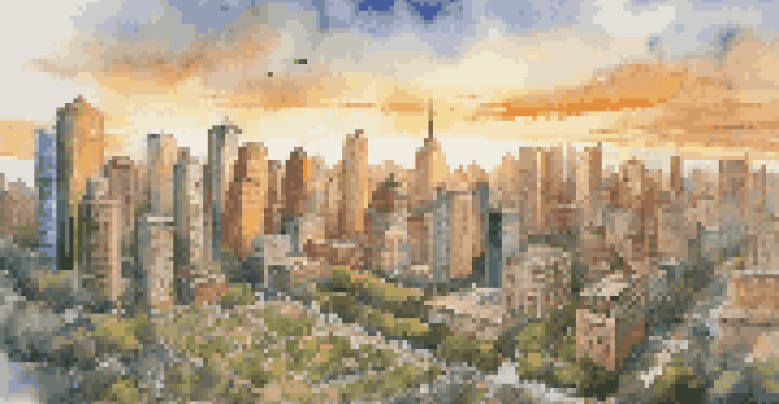 A colorful city skyline at sunset with skyscrapers, busy streets, and green parks visible from above.