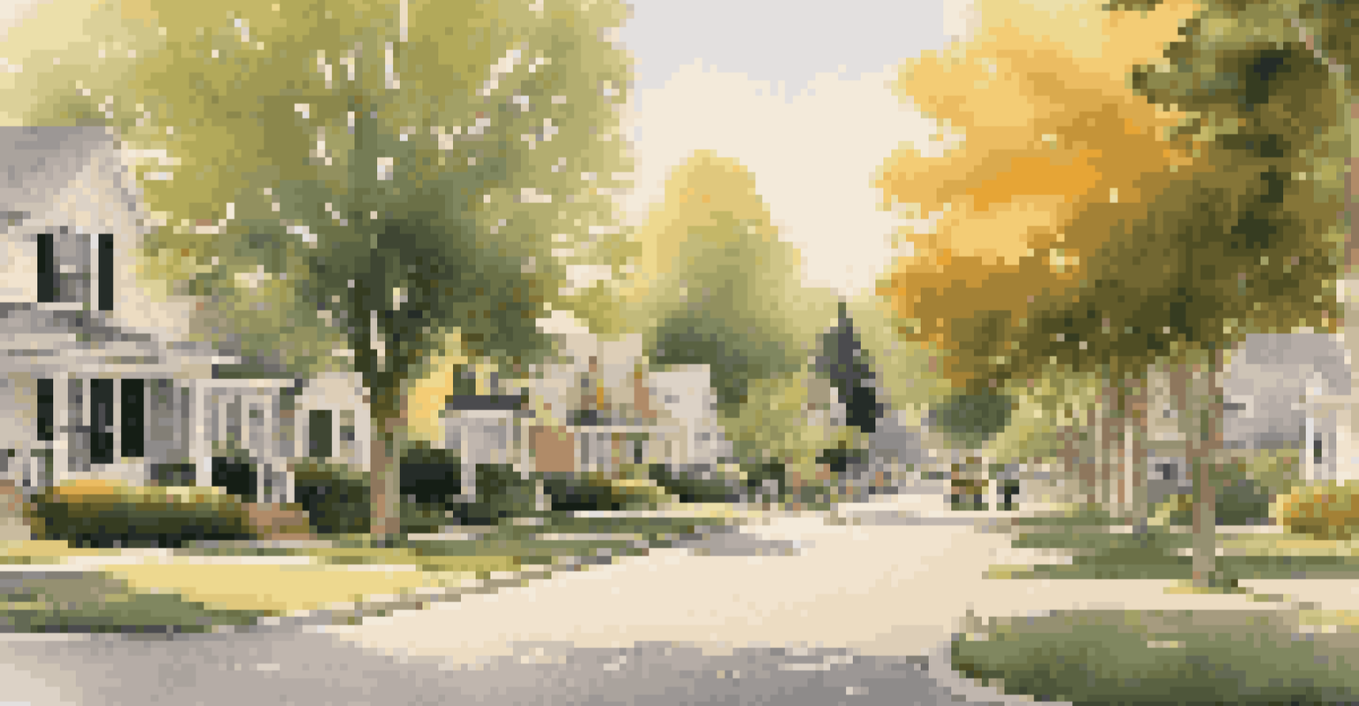 A peaceful suburban street with children playing and families enjoying a BBQ during sunset.