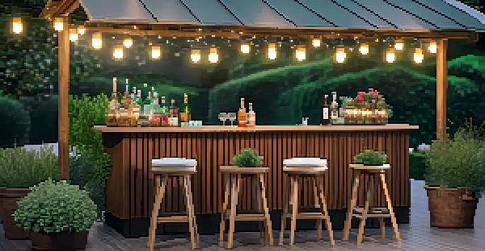 A rustic outdoor bar with colorful cocktail garnishes, surrounded by comfortable stools and illuminated by soft string lights. Potted herbs add greenery, and there's a lush garden view in the background.