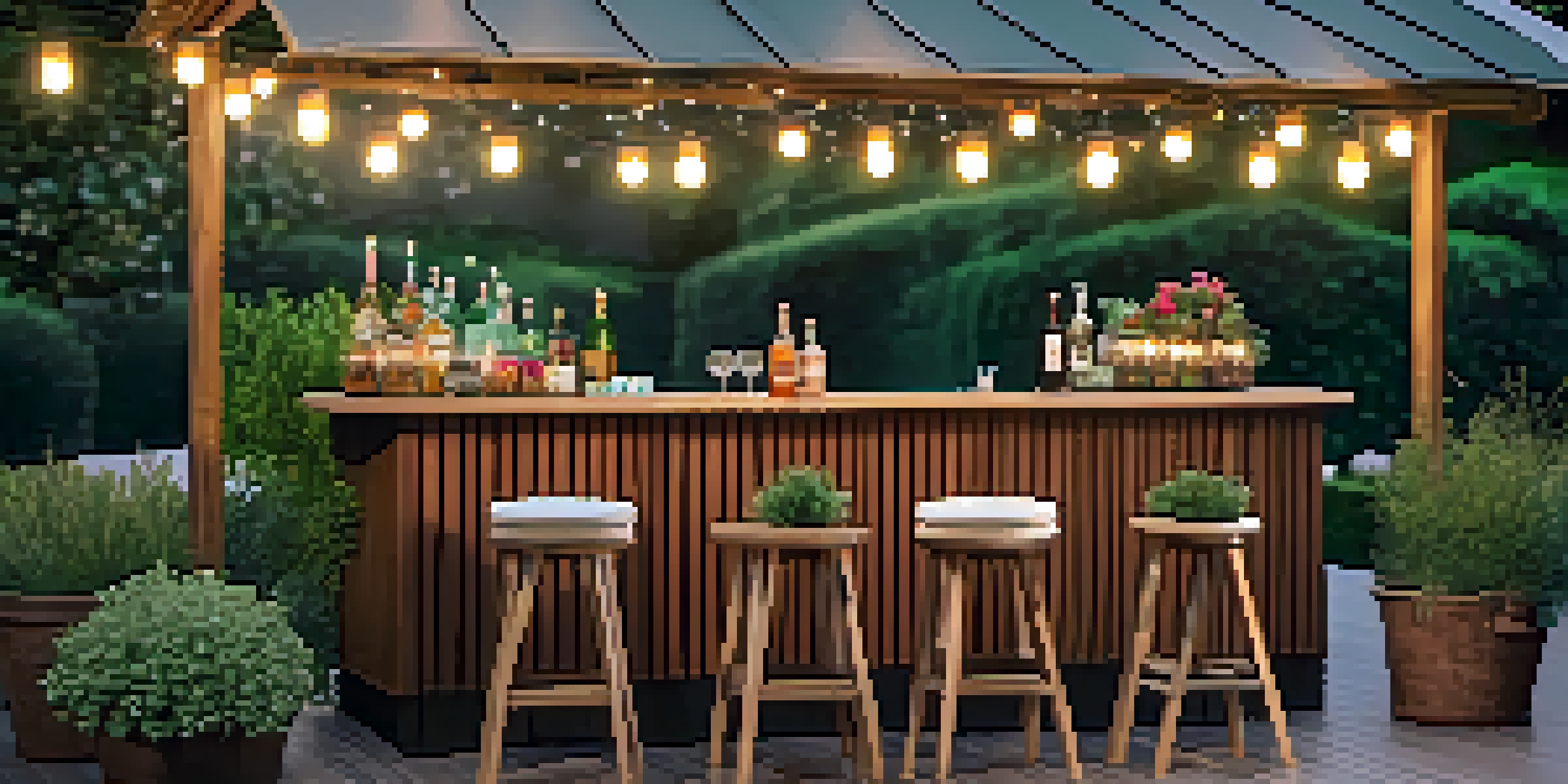 A rustic outdoor bar with colorful cocktail garnishes, surrounded by comfortable stools and illuminated by soft string lights. Potted herbs add greenery, and there's a lush garden view in the background.