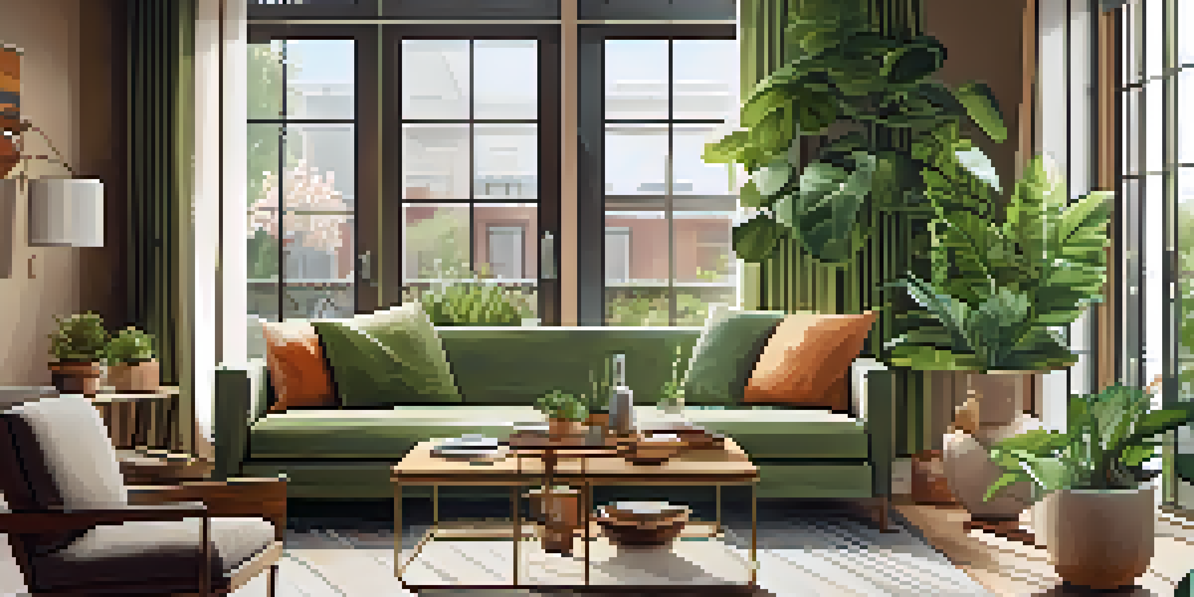 A bright and inviting living room of a rental apartment, with a couch, coffee table, and large windows showing a garden view.