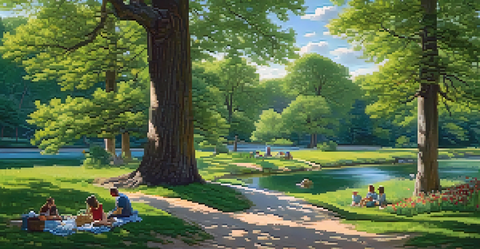 A peaceful park with various trees, a family having a picnic under an oak tree, and a stream flowing through the scene.