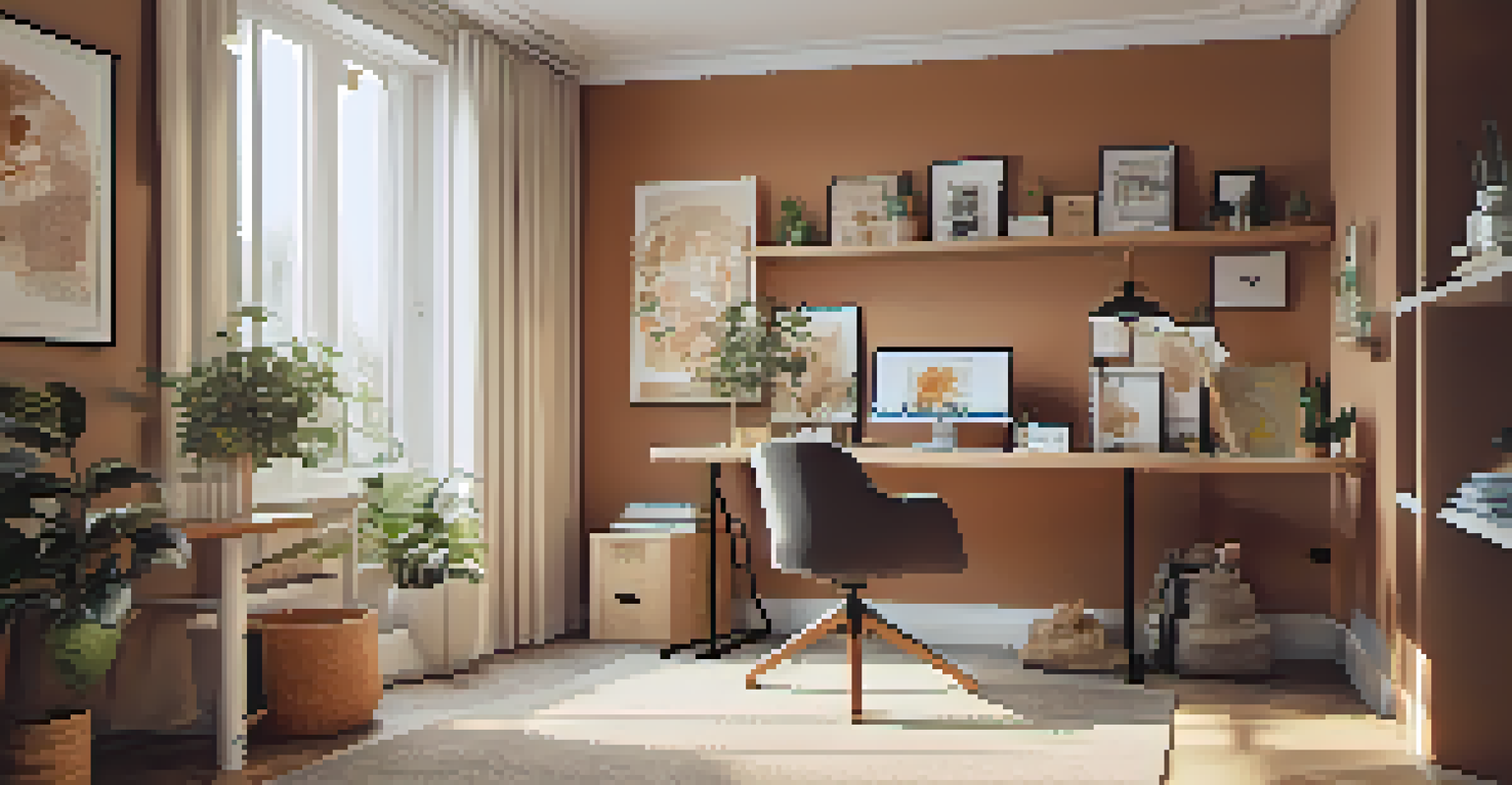 A small workspace with a movable desk and stylish chair, adorned with wall-mounted shelving and motivational art prints, illuminated by natural light.